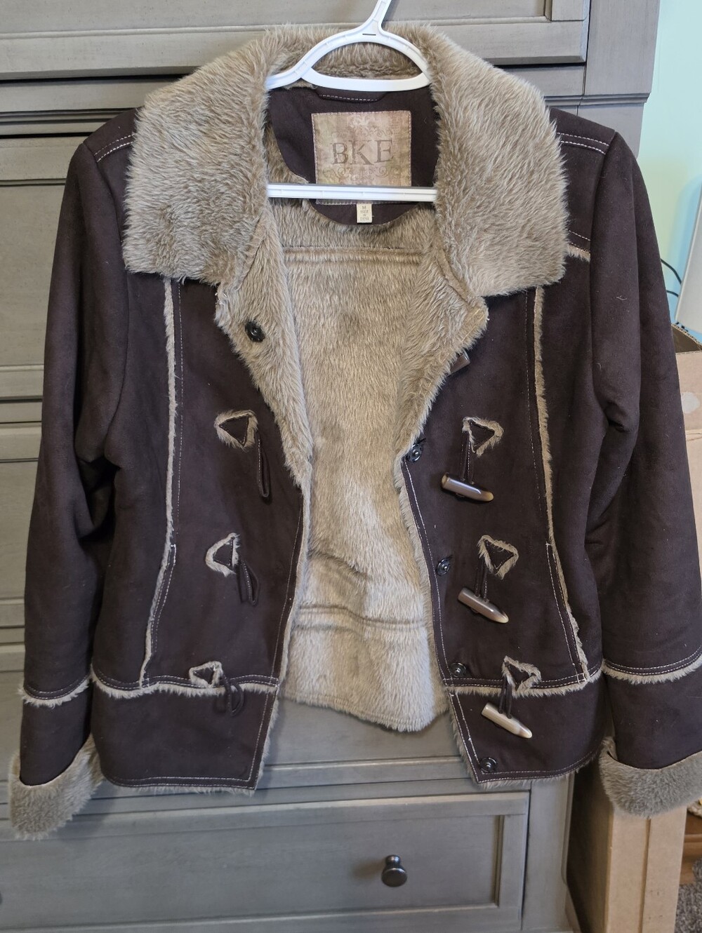 BKE Women's Brown Faux-Suede Toggle Coat with Faux-Fur Lining